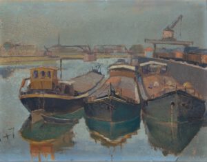 Boote im Hanauer Hafen, im Hintergrund Mainbrücke und Kräne.