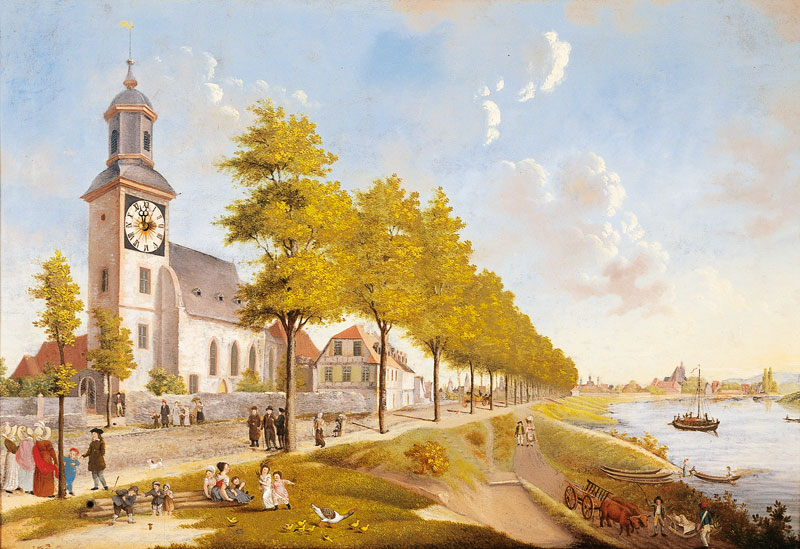 Philippsruher Allee mit alter Dorfkirche